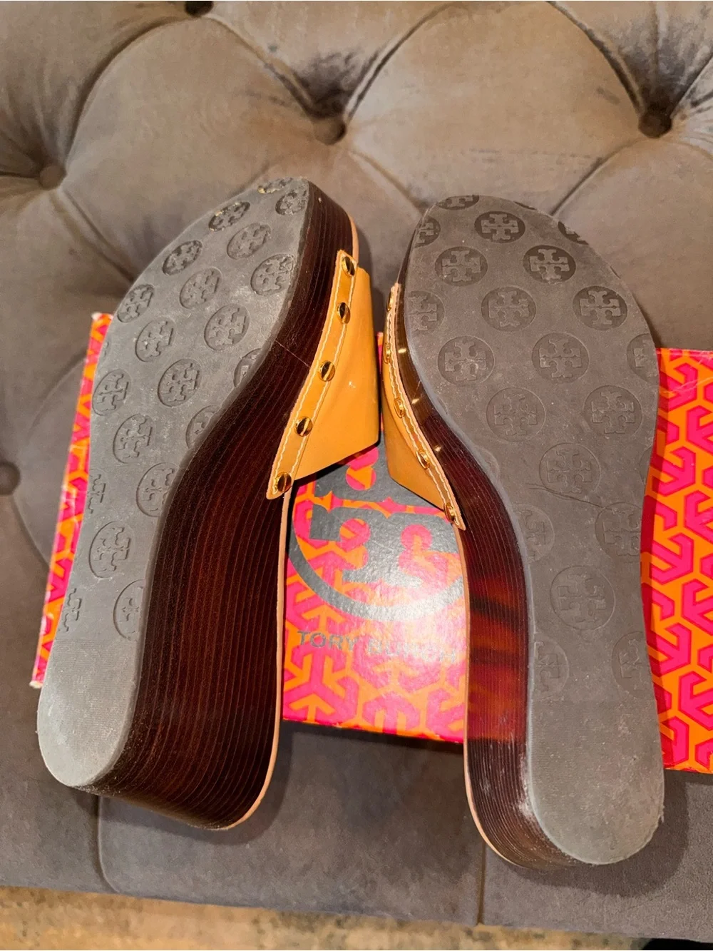 Tory Burch Mustard Leather Wedge Slide Mules